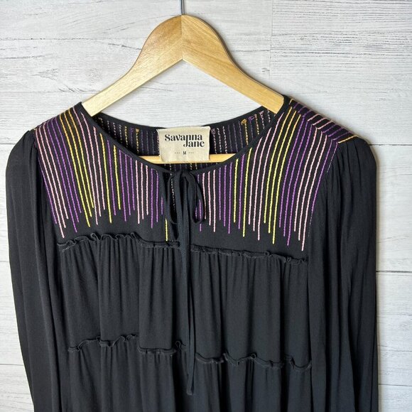Savanna Jane Blouse Womens Size Medium Black Tiered Colorful Embroidered Stripes - Picture 6 of 15